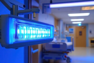 Fototapeta premium UV light sanitizing a hospital patient room, highlighting advanced cleaning technology for infection control