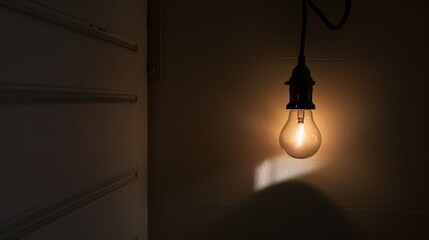 Dark empty room with single flickering light bulb casting long shadows, emphasizing absence of power and eerie atmosphere, minimalist setting with focus on light bulb's glow.