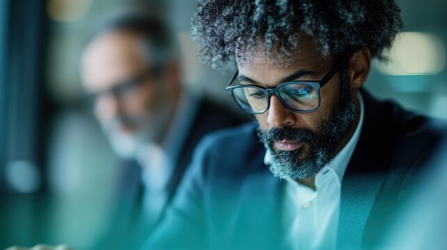 A focused man with an afro, wearing a suit and glasses, works intently in a modern technological office, conveying concentration and professionalism.