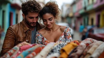 A couple admires a collection of colorful textiles at a charming street market, with a backdrop of lively colors and buzzing activity, showcasing togetherness.