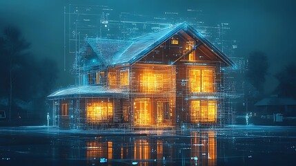 A futuristic house with a digital blueprint overlay, symbolizing smart home technology and modern architecture.