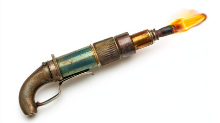 Fototapeta premium An old gasoline blowtorch displayed against a white background. The blowtorch features insulated components.