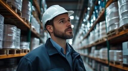 A thoughtful warehouse worker in a hard hat assesses inventory in a busy storage facility, ensuring safety and efficiency.