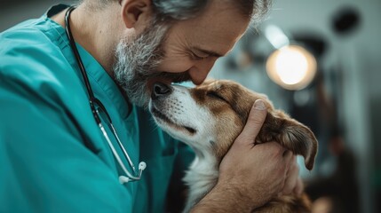 A veterinarian with a gray beard tenderly holds a dog, expressing a deep bond of love and care, highlighting the emotional connection between humans and pets.