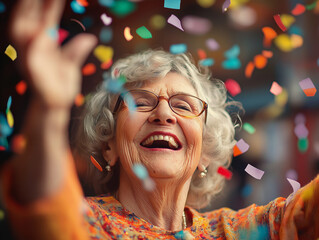 Celebracja - szczęśliwa starsza pani i spadające błyszczące konfetti.