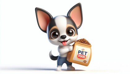 Cute Cartoon Chihuahua Dog Holding a Bag of Pet Food.