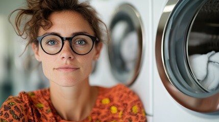 Woman in distinctive round glasses and orange patterned shirt stands in a laundromat, exploring themes of solitude and contemplation amidst routine chores.
