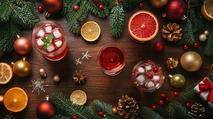 Flat lay of Christmas cocktails ingredients and garnishes on a holiday-themed bar setup