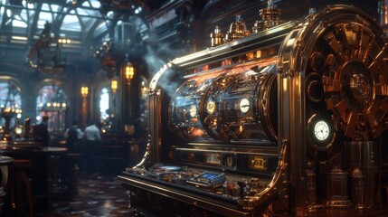 Victorianera steampowered gambling machine with intricate clockwork