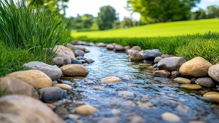 A tranquil stream flowing through lush greenery, surrounded by smooth stones, reflecting the peacefulness of nature.