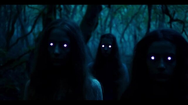 Ghostly figures wandering a dark forest with glowing, hollow eyes peeking through the trees.