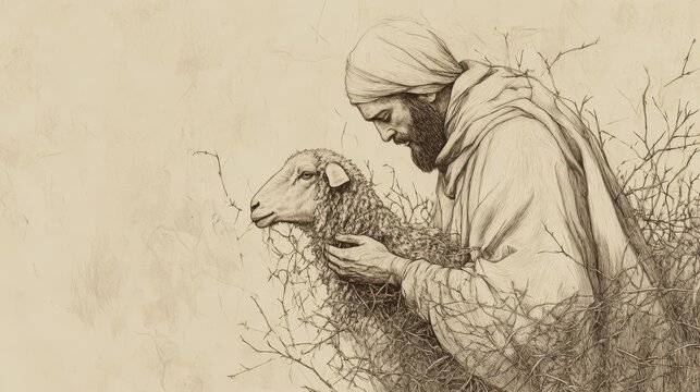 A compassionate shepherd from the Book of Zechariah carefully and lovingly untangles a lost sheep that has become tangled in thorns