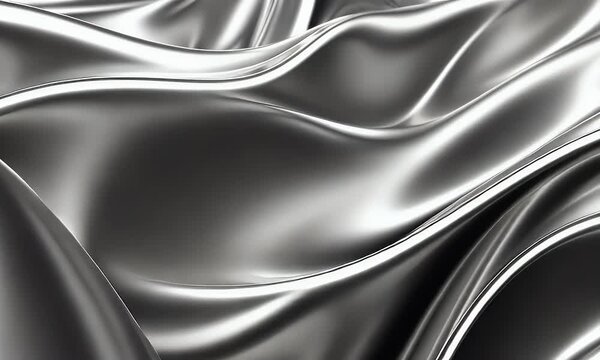 
3D render of an abstract, silver, wavy liquid background with a metallic texture featuring shiny waves and lines. 