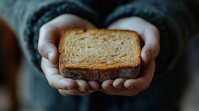 A close-up of worn hands holding a piece of bread, symbolizing hunger and the struggle for basic needs. Copy space, poverty