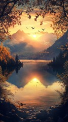 Scenic mountain lake with golden sunset reflection, birds in flight, and vibrant foliage