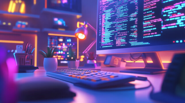 A 3D rendering of a programmer typing code, featuring various coding symbols and icons that represent source languages and software development. This image reflects a data programming project within t