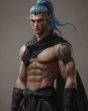 Male elf human warrior with blue hair and black cloths. Fantasy role-play character.  