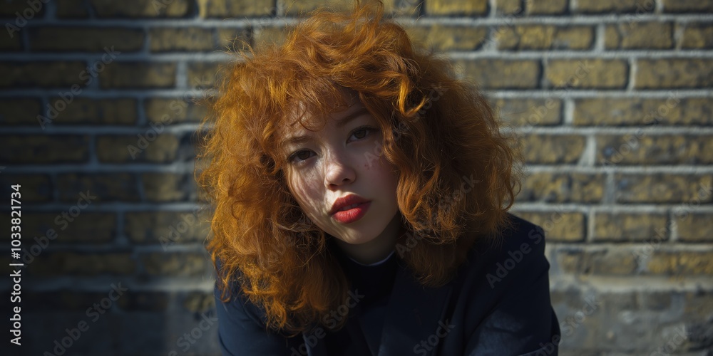 Wall mural a woman with red hair is standing in front of a brick wall. she is wearing a black jacket and a red 