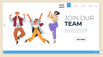 Three people are jumping happily, promoting a job recruitment message on a web page template. Ideal for team spirit, job recruitment, diversity and inclusion, business growth, career opportunities
