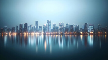 Fototapeta premium Blurred City Skyline at Night with Illuminated Buildings