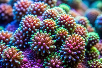 Close-up of vibrant coral polyps in colorful reef