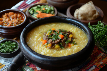 Lesotho Papa with Stewed Vegetables and Meat in a Traditional Bowl