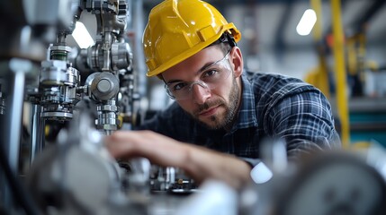 A skilled worker inspects machinery in an industrial setting, wearing a safety helmet and focused on his task.