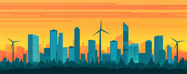 Futuristic cityscape with solar panels, wind turbines, global trade skyscrapers