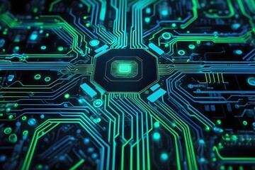 Fototapeta premium Glowing circuit board pattern texture, with intricate lines and bright blue and green neon highlights.