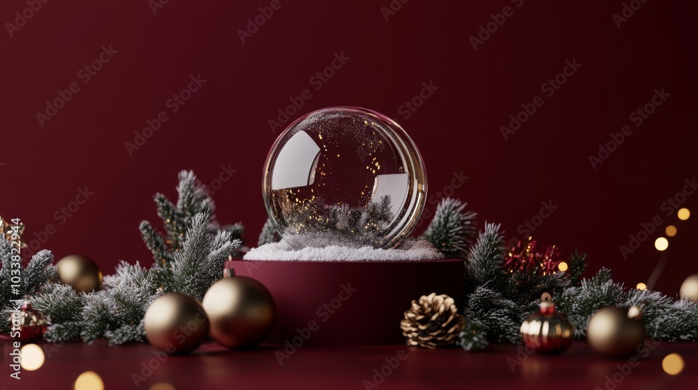 Poster a clear snow globe with gold glitter inside is positioned on a red platform. the snow globe sits on 