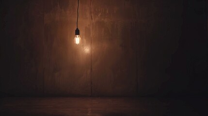 Dark empty room with single flickering light bulb casting long shadows, emphasizing absence of power and eerie atmosphere, minimalist setting with focus on light bulb's glow.