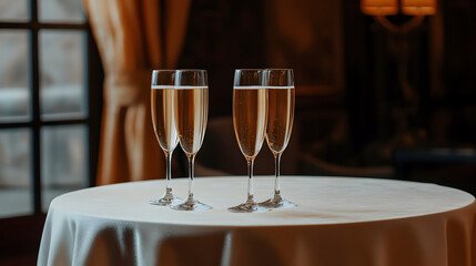 Glasses of champagne standing on a table with a white tablecloth in a room decorated for a festive corporate party.