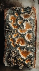Macro shot of mold-covered bread displaying vibrant patterns, illustrating the natural decay of food