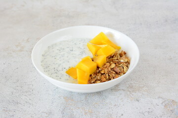 a bowl of healthy breakfast with oatmeal, chia seeds and yogurt  