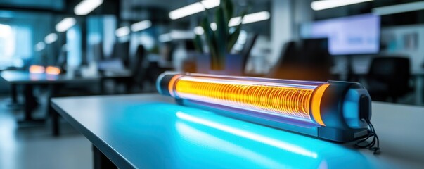 UV sterilization light shining on office desks, demonstrating advanced cleaning technologies in shared workspaces