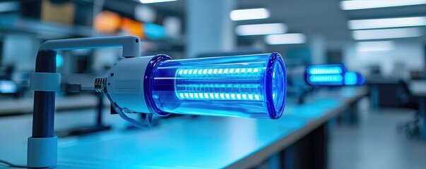 UV sterilization light shining on office desks, demonstrating advanced cleaning technologies in shared workspaces