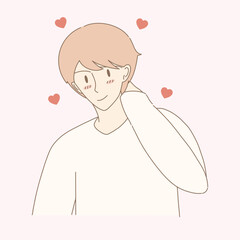 Shy man falling in love. Cheeks turning red. Heart shape behind. Hand drawn flat cartoon character vector illustration. 
