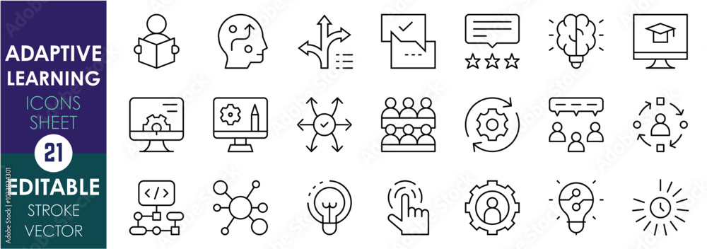 Poster A set of line icons related to Adaptive Learning. Personalization, progress, interactive, algorithm, data-driven, feedback, learning path, and so on. Vector editable stroke.