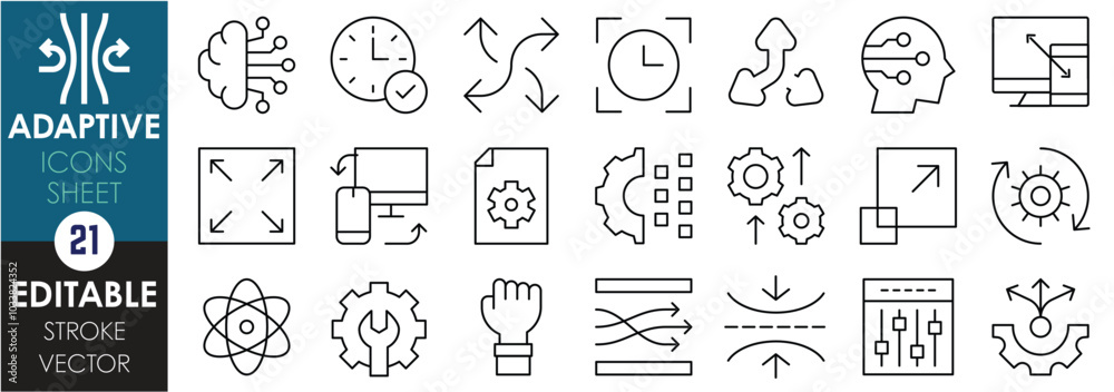 Poster a set of line icons related to adaptive. dynamic, customization, transformation, upgrade, scalabilit