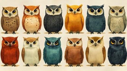 Fototapeta premium Watercolor owls painted in earthy tones, perfect for home textiles and DIY craft projects