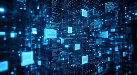 Obraz premium Digital Data System with Floating Information Blocks in Blue Network