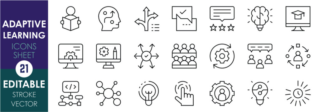 A set of line icons related to Adaptive Learning. Personalization, progress, interactive, algorithm, data-driven, feedback, learning path, and so on. Vector editable stroke.