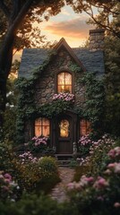 Obraz premium Lovely stone cottage basks in the golden glow of the sunset, surrounded by a lush garden that resembles a fairytale setting