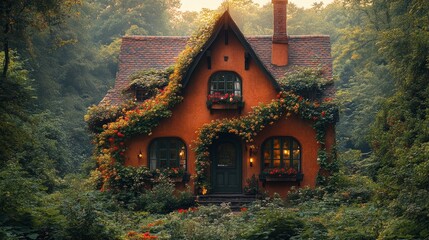 Fototapeta premium Cozy cabin with radiant windows is tucked away in a peaceful woodland, its welcoming light standing out against the lush surroundings