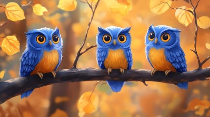 Playful watercolor owls sitting on tree branches, great for logo design or textile patterns