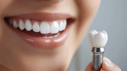 A woman shows a broad smile while holding a dental implant component beside her gleaming teeth in a clinic. The setting highlights her confidence and satisfaction with her dental work.