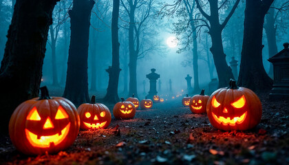 Glowing Pumpkins in a Dark, Haunted Forest