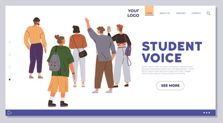 Group of diverse individuals standing together with text promoting student voice. Ideal for educational websites, community building, student engagement, social awareness, and diversity initiatives
