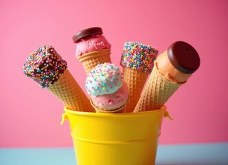 Four colorful ice cream cones in yellow bucket