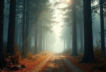 Naklejka premium Forest Path in Foggy Morning Light .